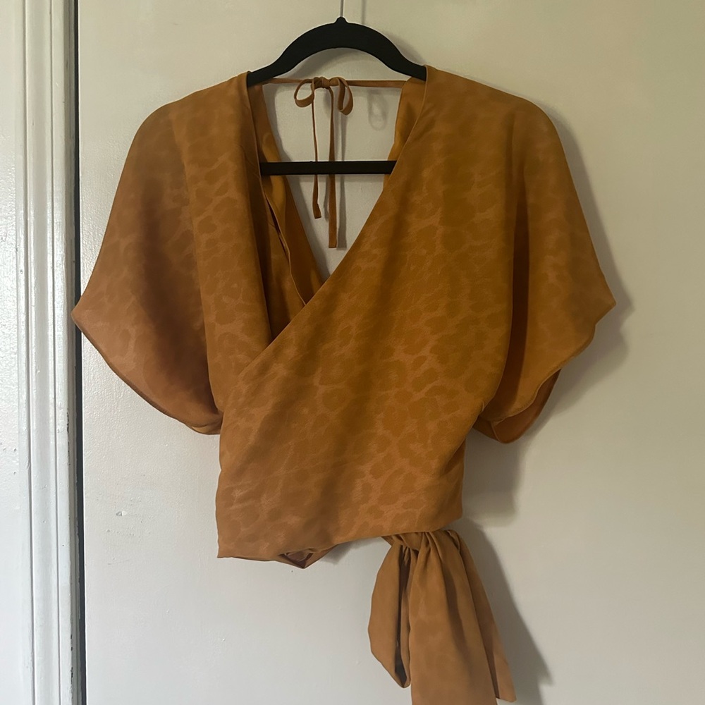 Anthropologie Tan Wrap Tie Front Blouse
